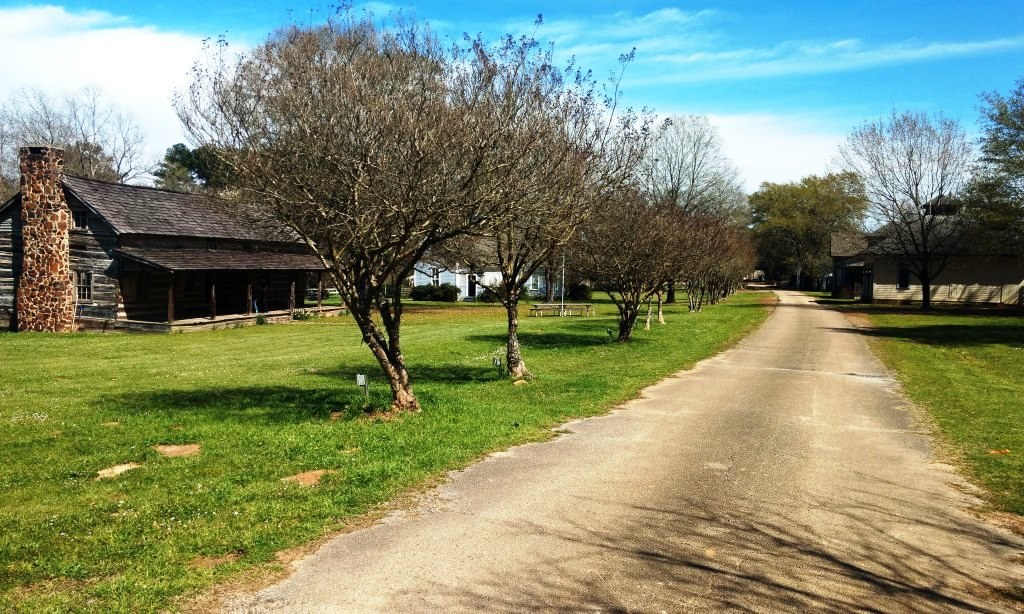 A lane through Millard’s Crossing, lined with young trees, past a log house with a stone chimney and white frame houses beyond.